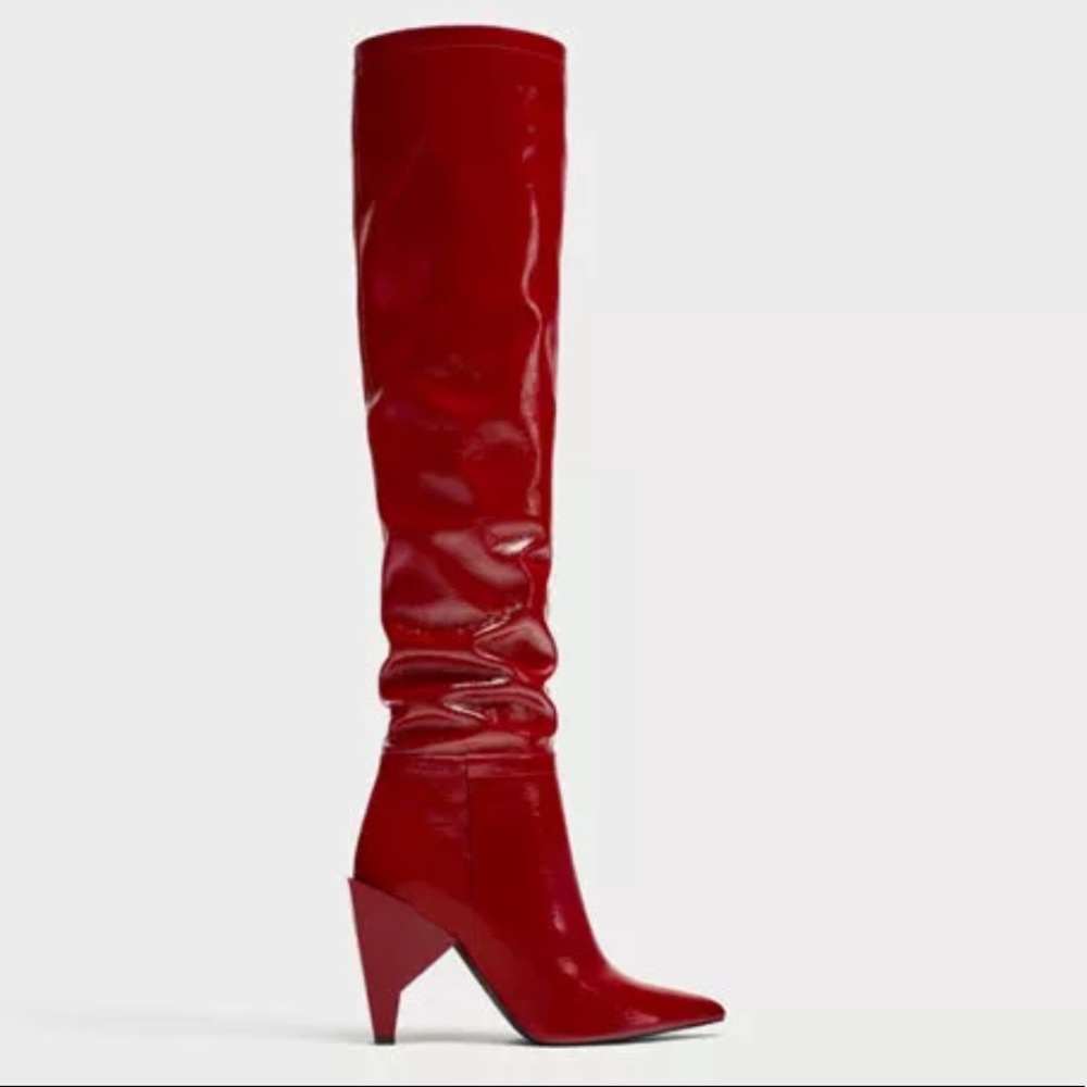 SOLD! NWT Zara Red Patent Leather Knee High Boots - Picture 8 of 8
